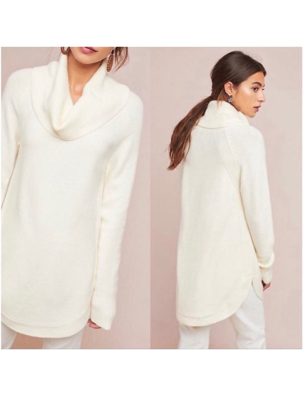 Anthropologie Moth Brenta Cowl Neck Sweater Cream Long Sleeve Curved Hem, Size L